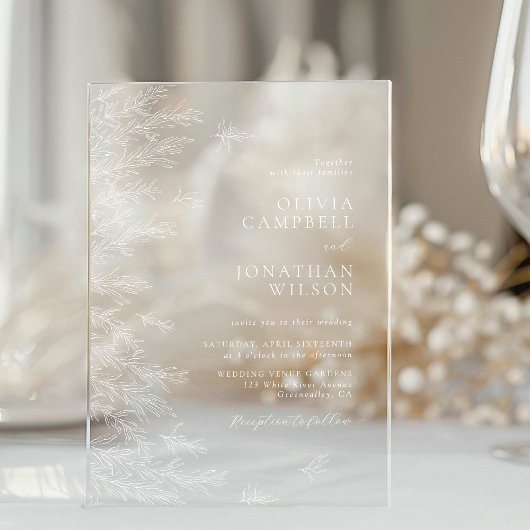 Moderne witte minimale bladeren Botanische bruilof Acryl Uitnodigingen