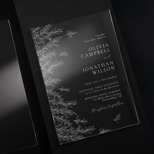 Moderne witte minimale bladeren Botanische bruilof Acryl Uitnodigingen