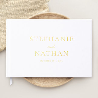 Moderne witte minimalistische gouden folie bruilof gastenboek