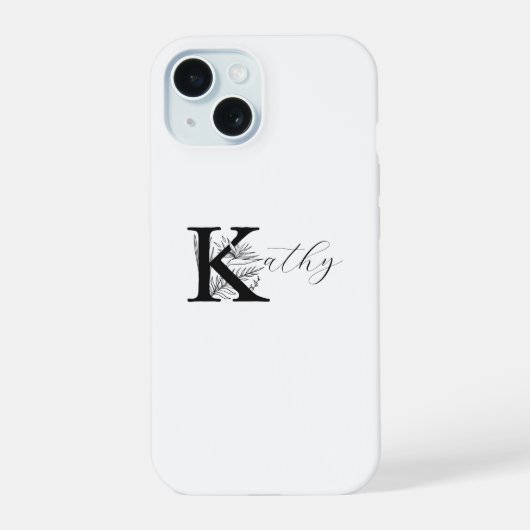 MODERNE WITTE MONOGRAMMENAAM MET FLORALE K INITIËL iPhone 15 CASE (Achterkant)