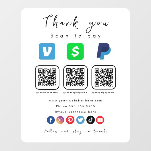 Moderne Witte Multi QR Code Paypal Venmo Cash App Raamsticker (Vel)