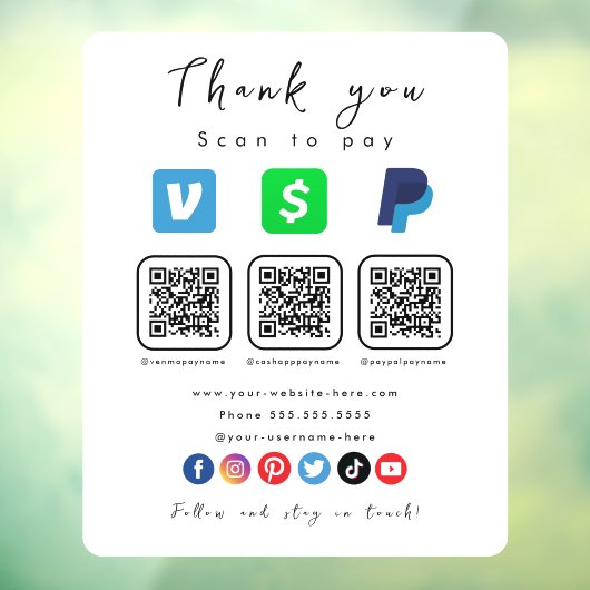 Moderne Witte Multi QR Code Paypal Venmo Cash App Raamsticker (Vel 3)