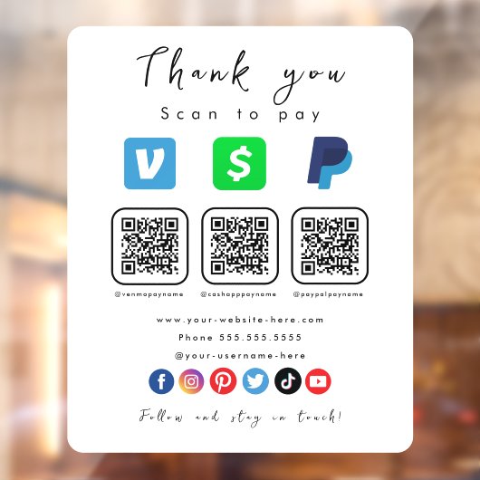 Moderne Witte Multi QR Code Paypal Venmo Cash App Raamsticker (Vel 2)