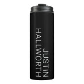 Moderne witte naam op zwart thermosbeker (Voorkant)