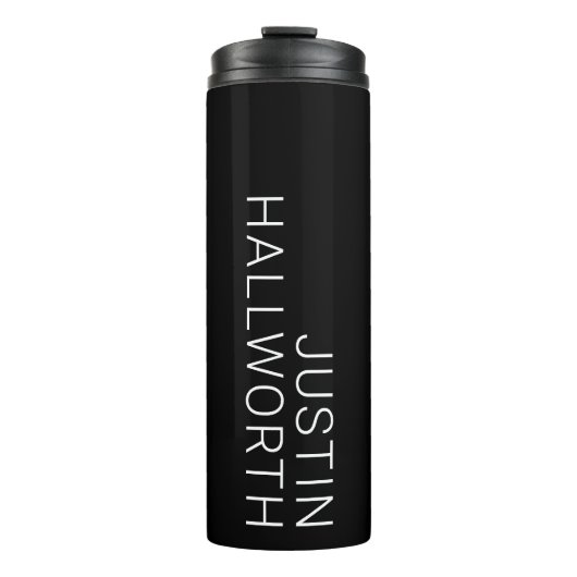 Moderne witte naam op zwart thermosbeker (Voorkant)