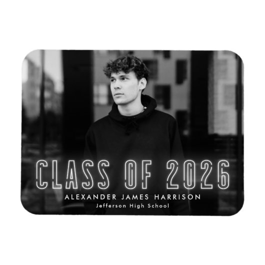 Moderne witte neon klas van 2026 foto afstuderen magneet (Horizontaal)