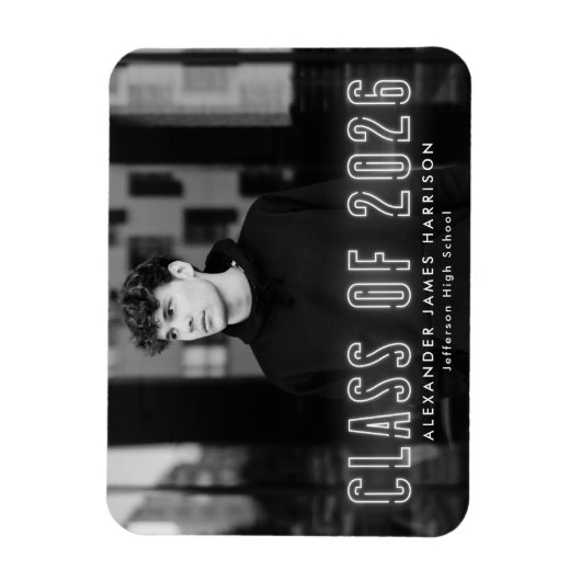 Moderne witte neon klas van 2026 foto afstuderen magneet (Verticaal)