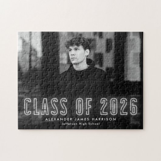 Moderne Witte Neon Klasse van 2025 Afstuderen Foto Legpuzzel (Horizontaal)