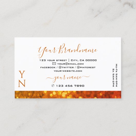 Moderne witte Oranje goudvlek Glitter Monogram Visitekaartje (Achterkant)