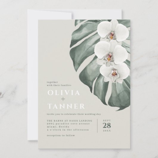 Moderne witte orchideeën QR code Tropische bruilof Kaart (Voorkant)