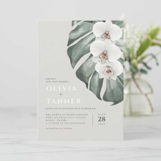 Moderne witte orchideeën QR code Tropische bruilof Kaart (Staand voorkant)