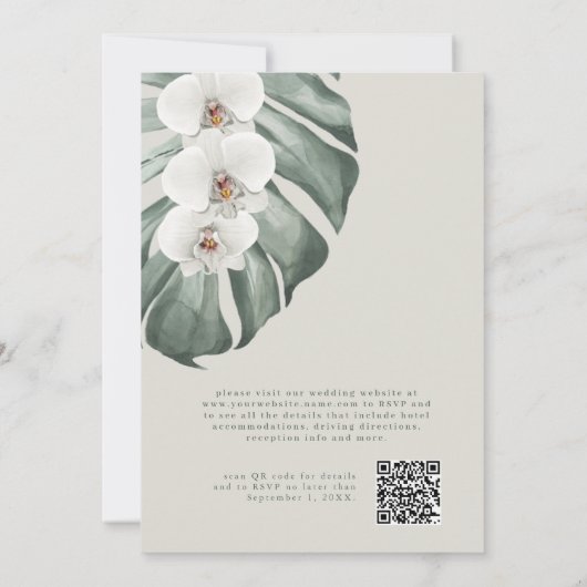 Moderne witte orchideeën QR code Tropische bruilof Kaart (Achterkant)