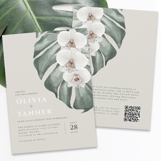 Moderne witte orchideeën QR code Tropische bruilof Kaart
