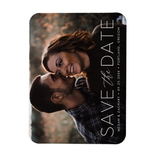 Moderne witte overlay save the date foto magneet (Verticaal)