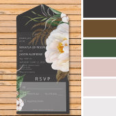 Moderne witte pioenen op zwart geen diner all in one uitnodiging