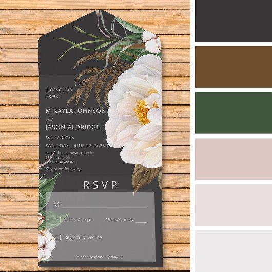 Moderne witte pioenen op zwart geen diner all in one uitnodiging