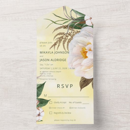 Moderne witte pony's Floral op geel diner All In One Uitnodiging (Binnen)