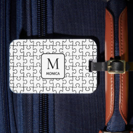 Moderne Witte Puzzel Stukken Monogram Bagagelabel