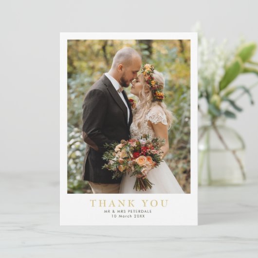 Moderne witte rand foto bruiloft dank u bedankkaart (Staand voorkant)