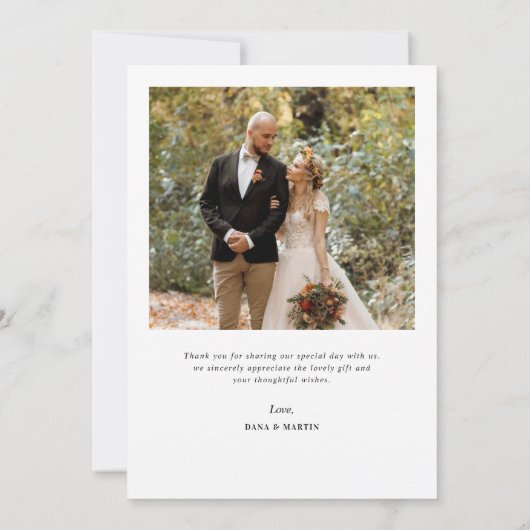 Moderne witte rand foto bruiloft dank u bedankkaart (Achterkant)