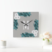 Moderne witte Ranunculus Flower & Foliage Monogram Vierkante Klok (Huis)
