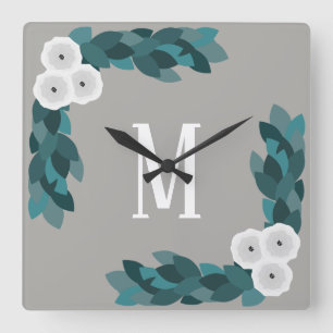 Moderne witte Ranunculus Flower & Foliage Monogram Vierkante Klok