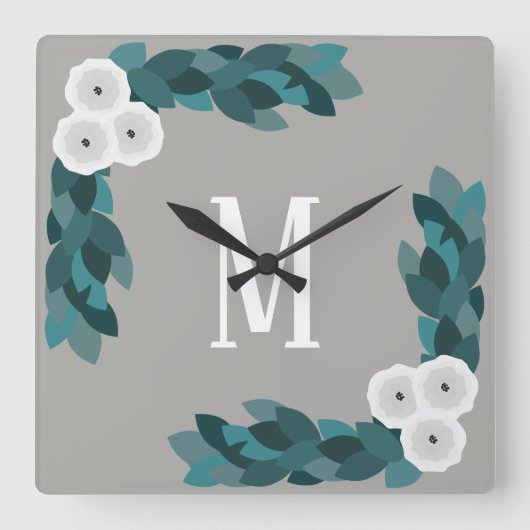 Moderne witte Ranunculus Flower & Foliage Monogram Vierkante Klok (Voorkant)