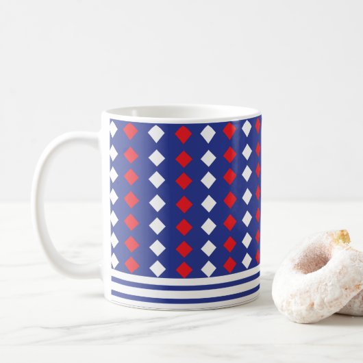 Moderne Witte Rode Diamant Streep Koffiemok (Met donut)