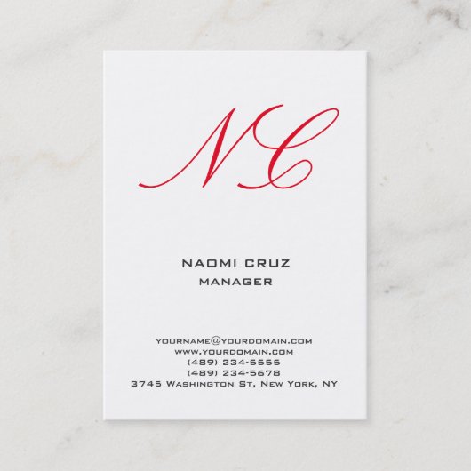 Moderne witte rode monogram met platte minimalisti visitekaartje (Voorkant)