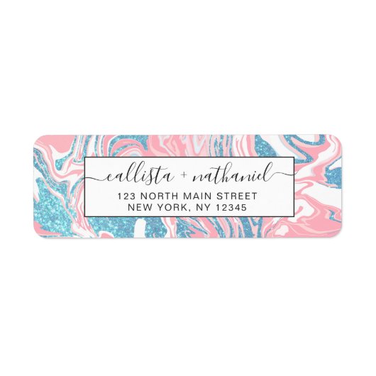 Moderne witte roze blauwe glitter marmer etiket (Voorkant)