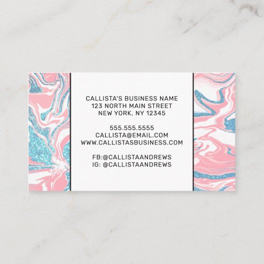 Moderne witte roze blauwe glitter marmer klantenkaartje (Achterkant)