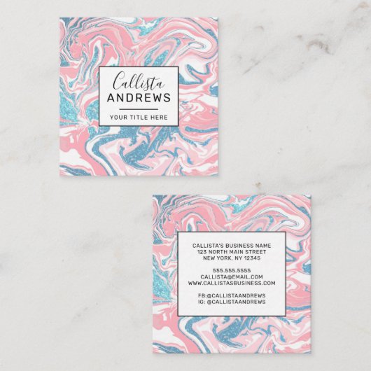 Moderne witte roze blauwe glitter marmer vierkante visitekaartje (Voorkant / Achterkant)