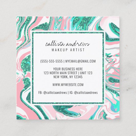Moderne witte roze Blauwgroen groene glitter Marbl Vierkante Visitekaartje (Achterkant)