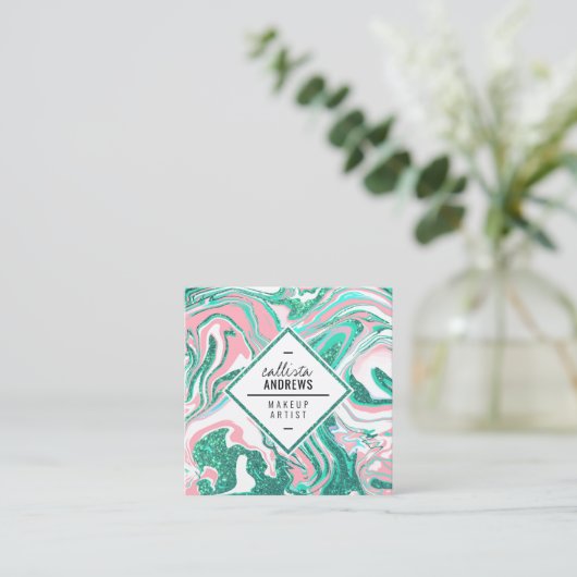 Moderne witte roze Blauwgroen groene glitter Marbl Vierkante Visitekaartje (Staand voorkant)