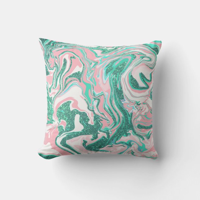 Moderne witte roze Blauwgroen groene glitter marme Buitenkussen (Voorkant)