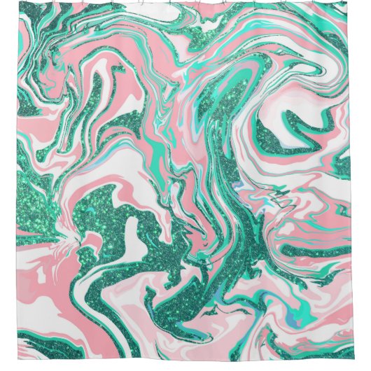 Moderne witte roze Blauwgroen groene glitter marme Douchegordijn (Voorkant)