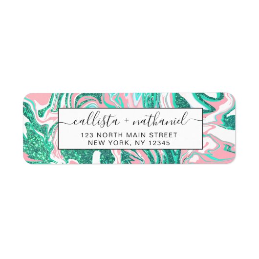 Moderne witte roze Blauwgroen groene glitter marme Etiket (Voorkant)