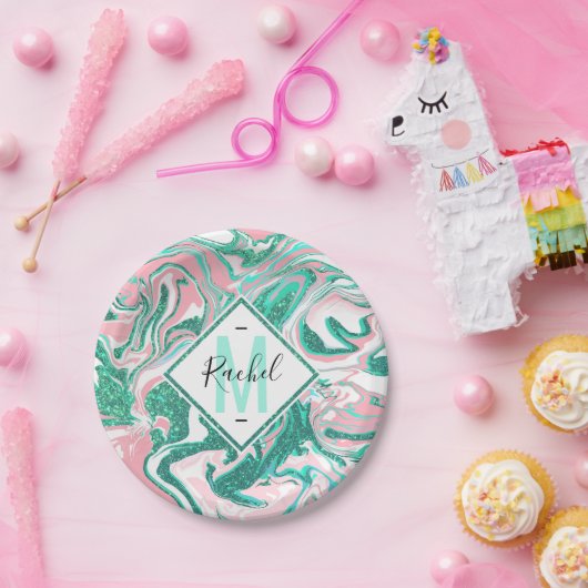 Moderne witte roze Blauwgroen groene glitter marme Papieren Bordje (Feest)