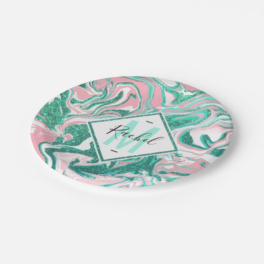 Moderne witte roze Blauwgroen groene glitter marme Papieren Bordje (Gekanteld)