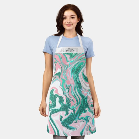 Moderne witte roze Blauwgroen groene glitter marme Schort (Gedragen)