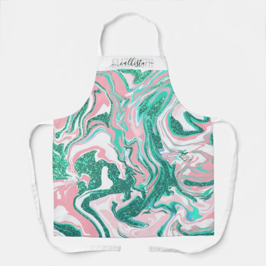 Moderne witte roze Blauwgroen groene glitter marme Schort (Voorkant)