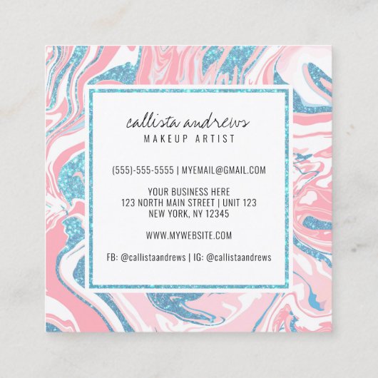 Moderne Witte Roze Hemel Blauw Glitter Marmeren Ma Vierkante Visitekaartje (Achterkant)