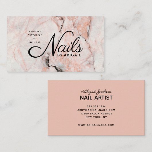 Moderne witte roze marmer gouden nagels op naam visitekaartje (Voorkant / Achterkant)