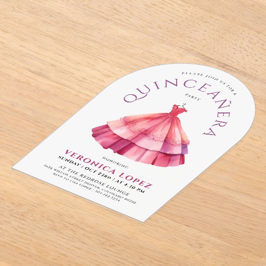 Moderne Witte Roze Quince Princess Dress Waterverf Acryl Uitnodigingen (Laagn)