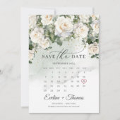 Moderne witte rozen en groen maand kalender save the date (Voorkant)