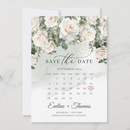 Moderne witte rozen en groen maand kalender save the date (Voorkant)