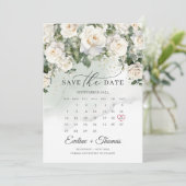 Moderne witte rozen en groen maand kalender save the date (Staand voorkant)