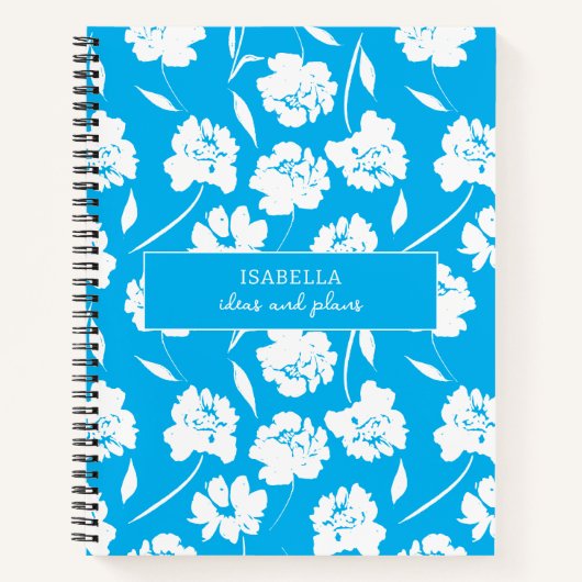 Moderne witte rozen op blauwpatroon, speciaal gepe notitieboek (Voorkant)