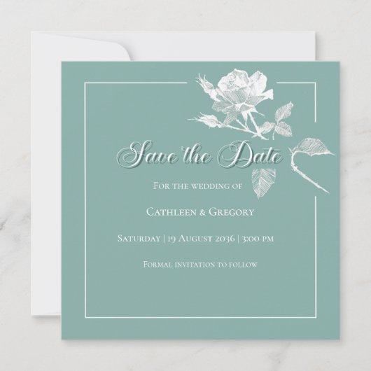 Moderne Witte Rozen Salie Groene Bloemige Bruiloft Save The Date (Voorkant)