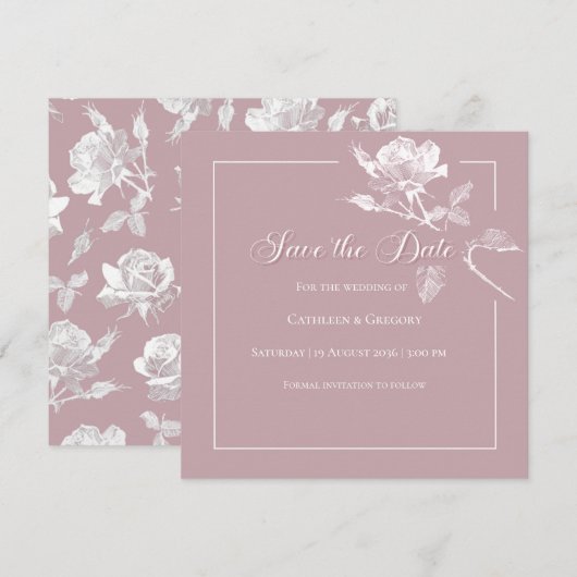 Moderne Witte Rozen Stof Roze Bloemige Trouw Save The Date (Voorkant / Achterkant)